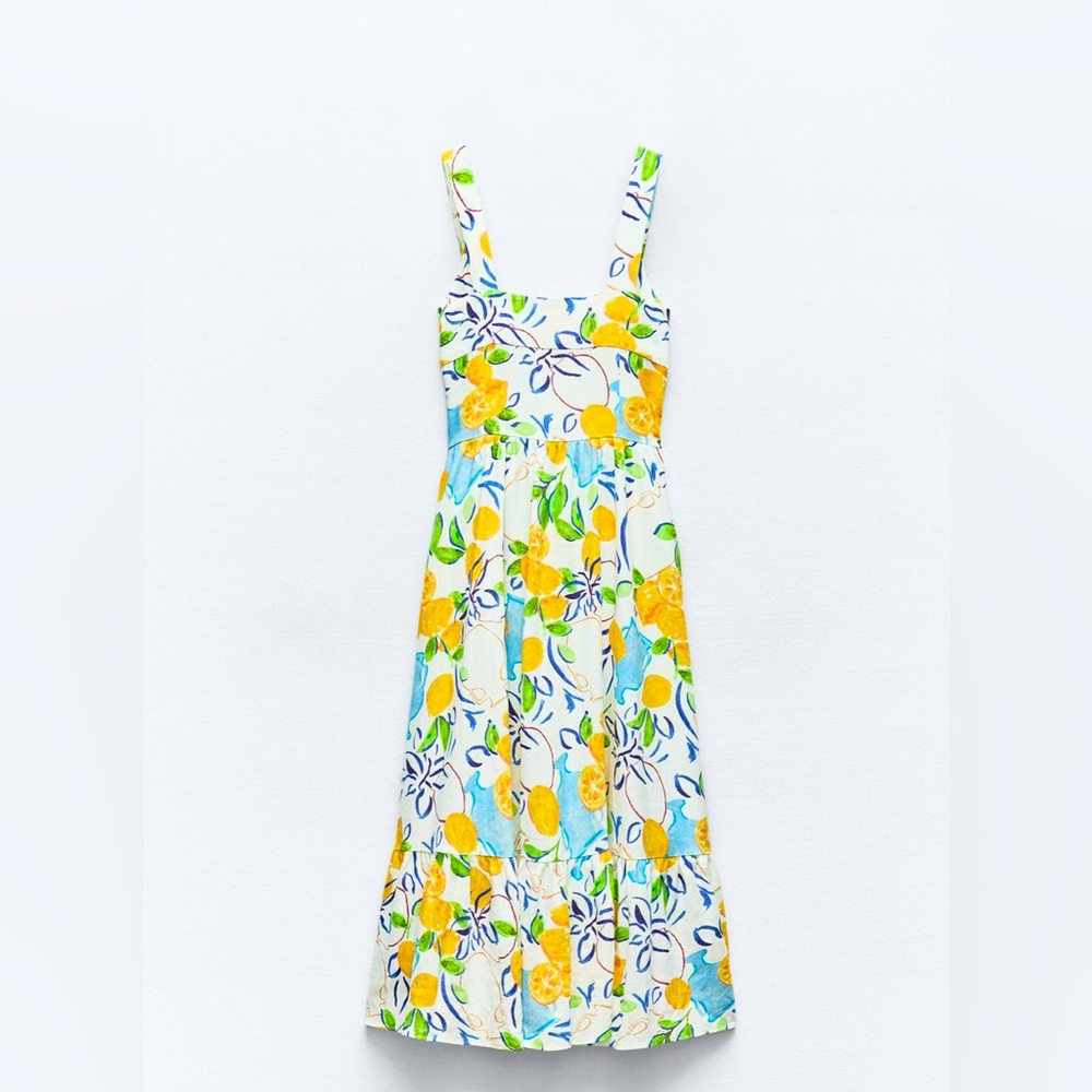 ZARA LINEN BLEND PRINTED MIDI DRESS